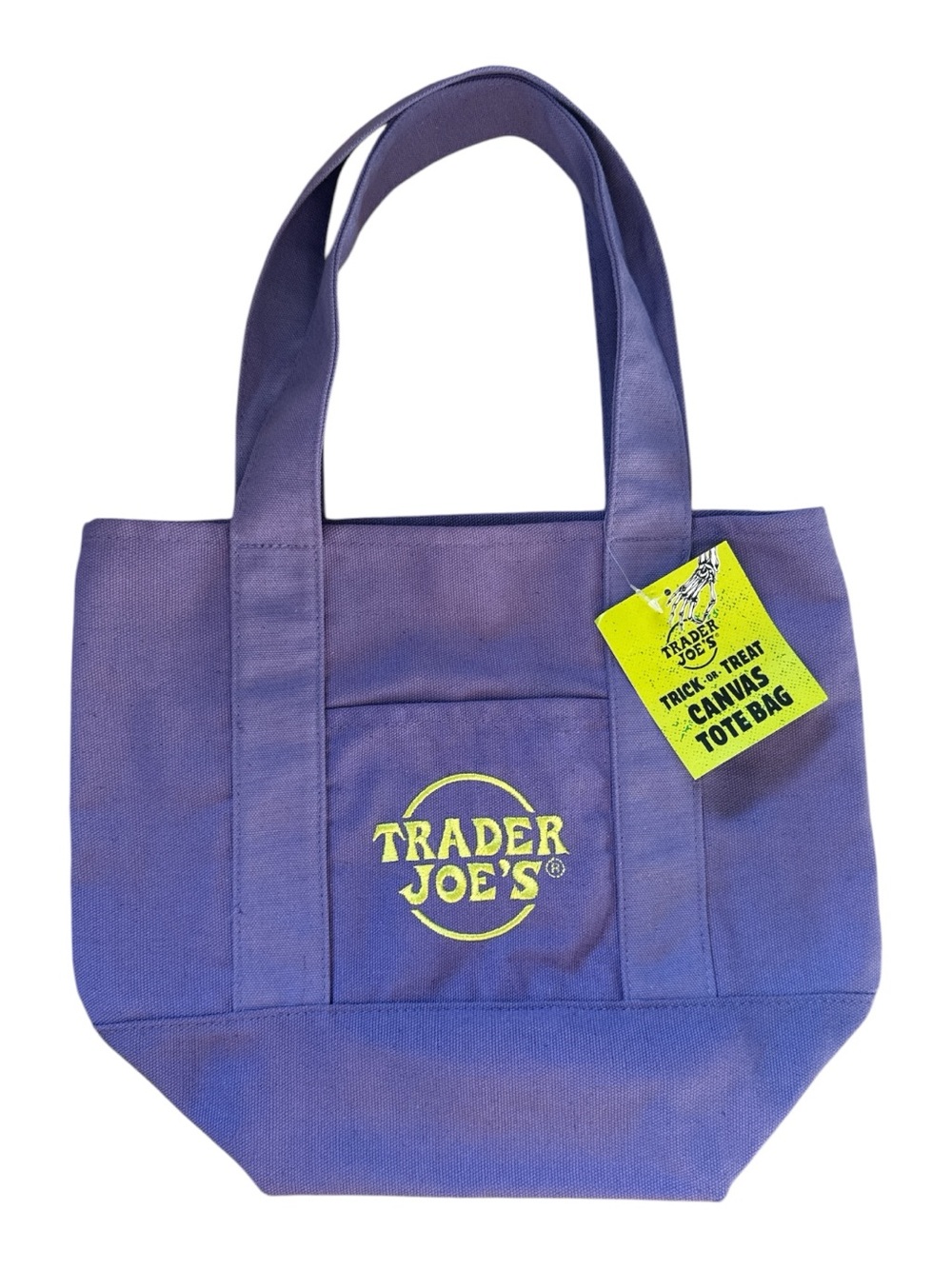 Trader Joe's Mini Trick or Treat Halloween Canvas Tote Bag Purple w/ Green Logo